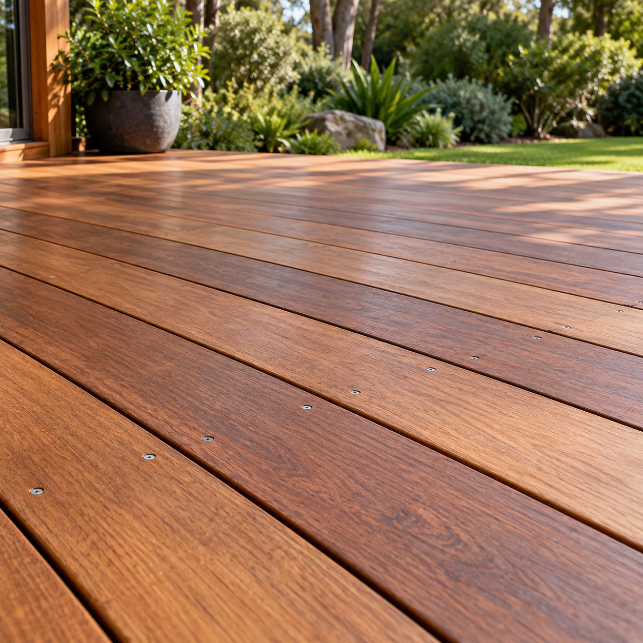 Hardwood decking boards beside a garden