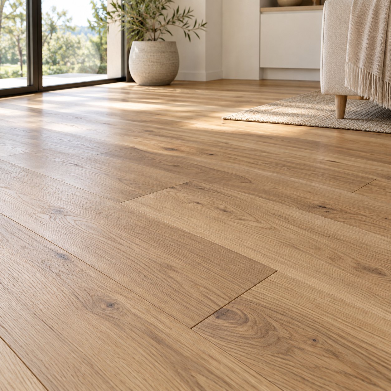 Oak timber flooring in a bright living room