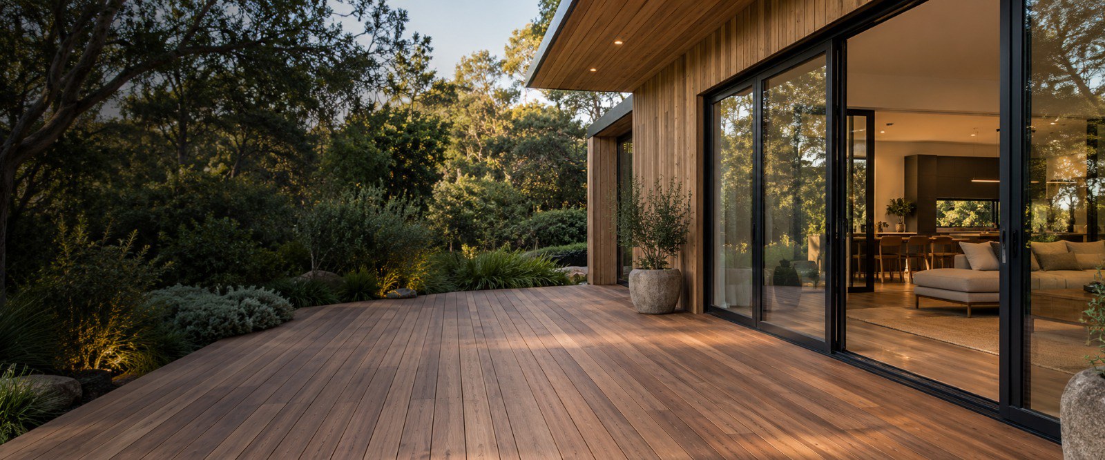 Hardwood deck wrapping a timber-clad home beside a native garden