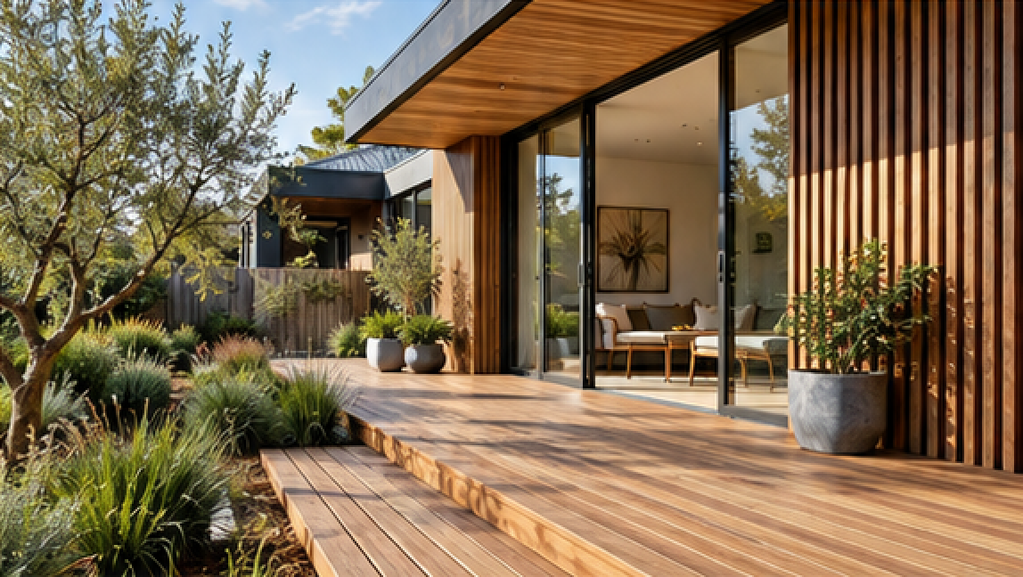 Sunlit hardwood deck and timber-clad contemporary Australian home